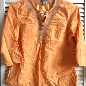 Vintage 90s NafNaf Tunic Top Shirt 3/4 Sleeves Embroidered V Neck Tie Blouse S